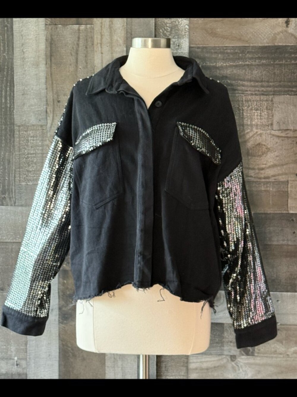 Honey Punch black corduroy button up jacket medium glam sequins grunge festival